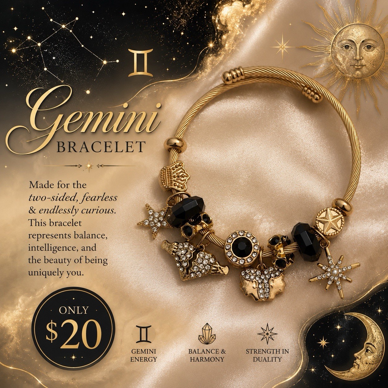 Gemini Zodiac Gold Tone Bangle Charm Bracelet Black Rhinestone Star Dangle