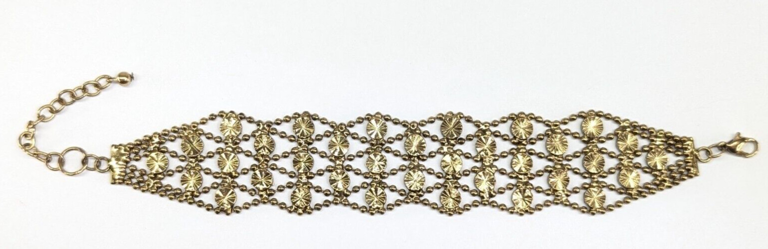 Openwork Brass Tone Woven Look Circle Linked Adjustable Bracelet 7.5-9″