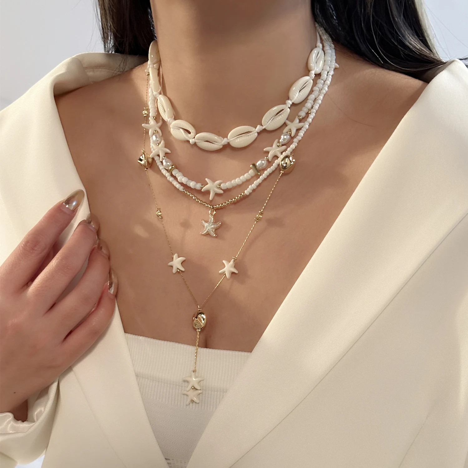 Bohemian Shell Starfish Tassel Necklaces Sets for Women Handmade Rice Bead Stack