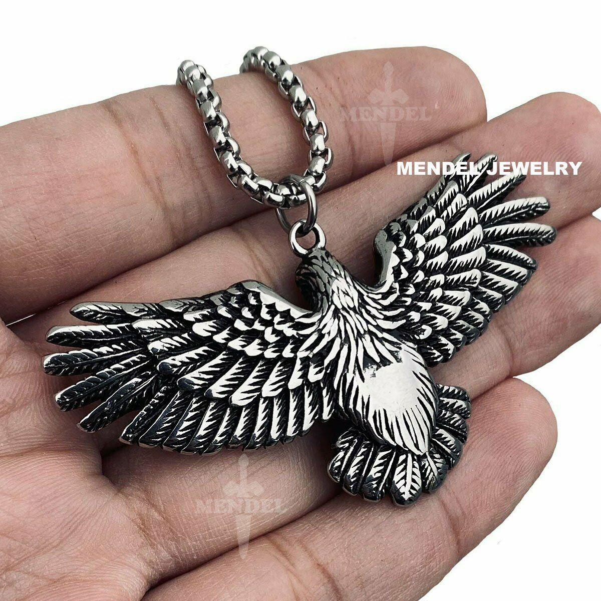 MENDEL Mens Stainless Steel Biker Bald American Eagle Chain Necklace Pendant Men