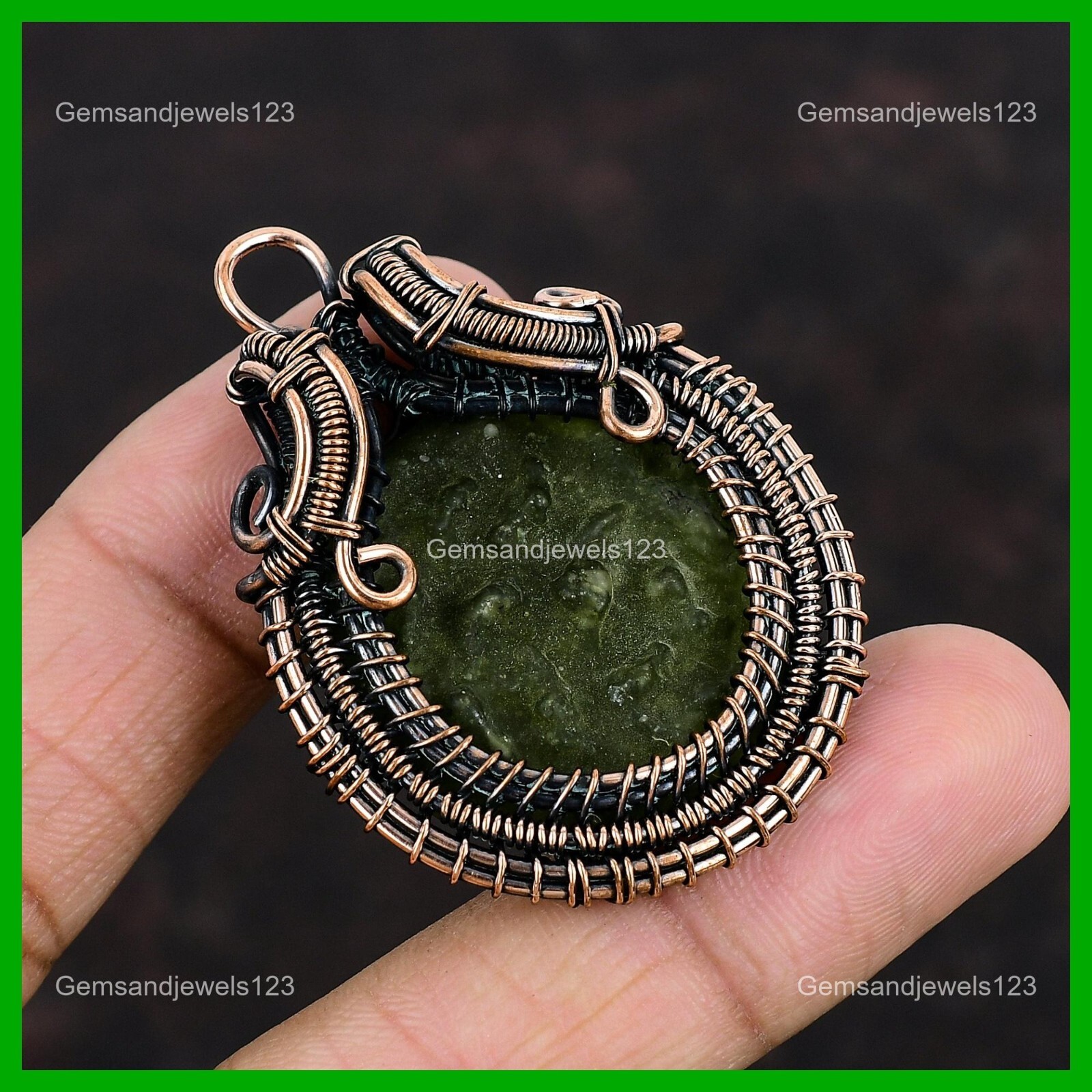 Valentines Deal Round Moldavite Gemstone Artisan Wire Wrapped New Pendant Copper