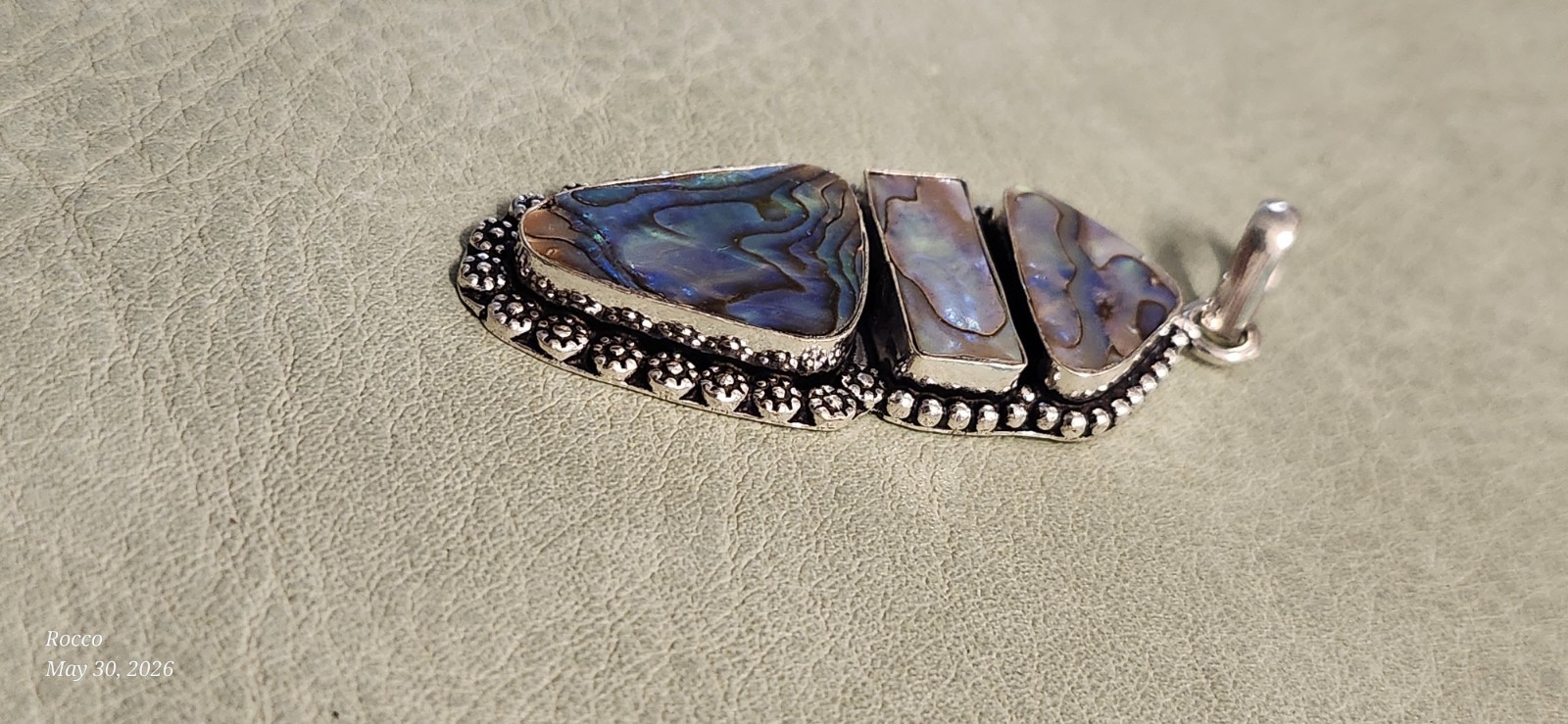 925 Plated Silver Abalone Shell Inlay Bezel Charm Pendant Signed Multicolor
