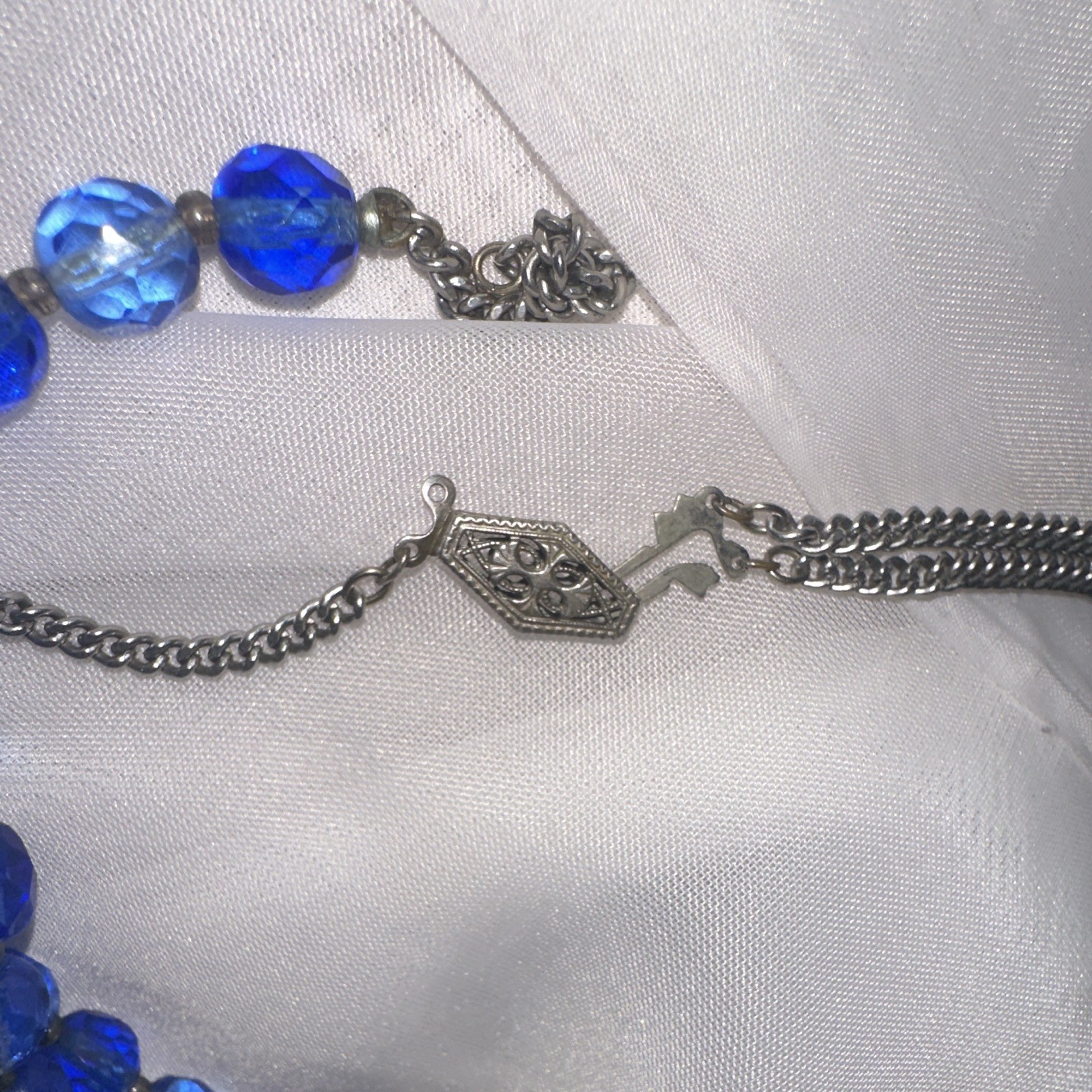 Blue Crystal Round Beaded Necklace, Silver Tone Cable Chain, Hook Closure