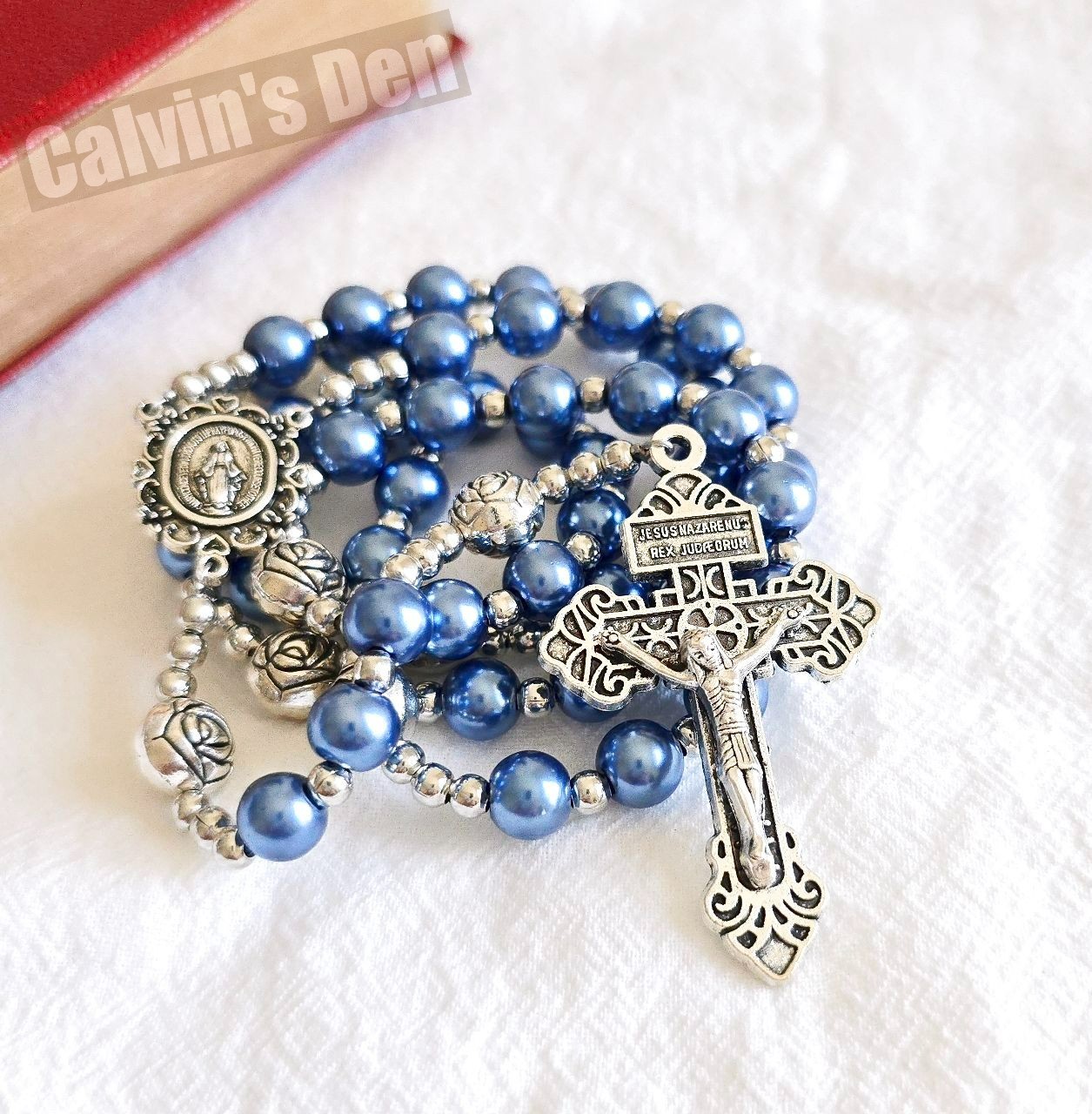 Blue Pearl Bead Rosary Necklace Miraculous Medal Rosebud Crucifix Cross Gift