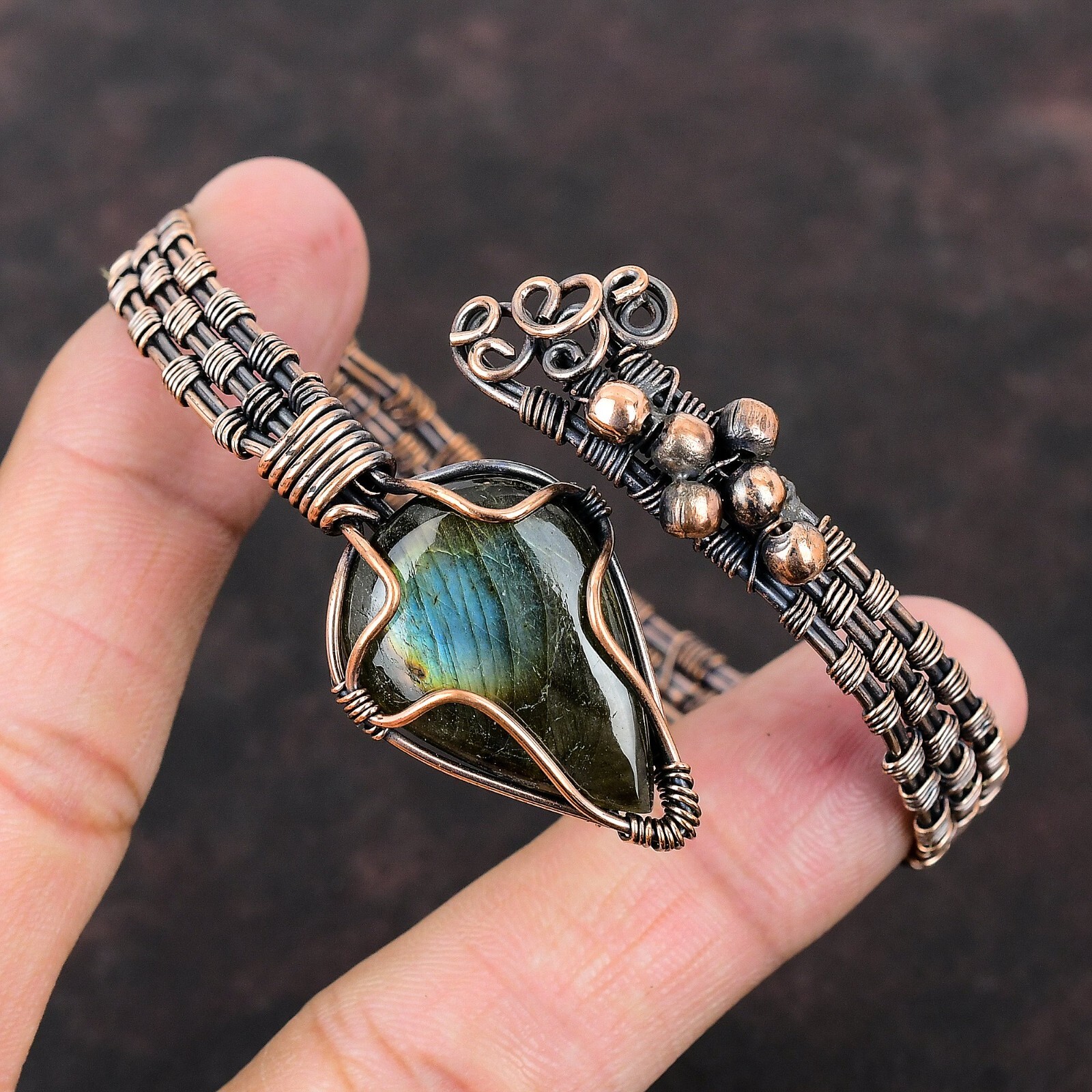 Labradorite Wire Wrapped Adjustable Cuff Handcrafted Copper Ethnic Gift Jewelry