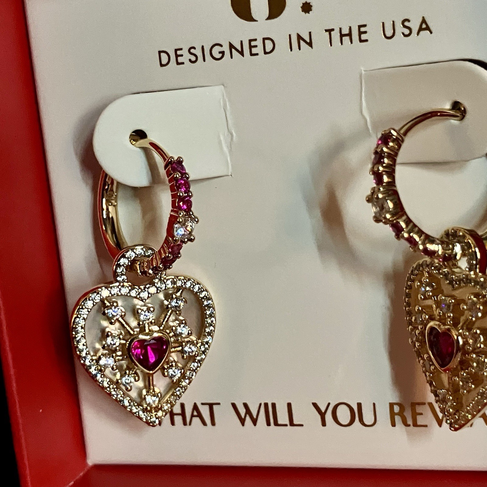 Bomb Party Pink Ruby “Hearts On Fire” Removable Charm Hoop Earrings ER84092 Gold