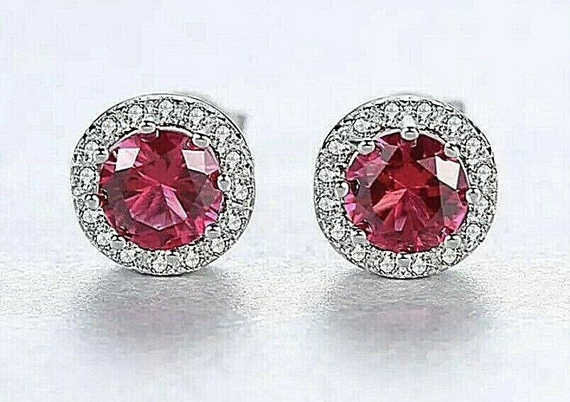 4 CT Round Cut Red & White VVS1/D Simulated Diamond Stud Earrings 14K White Gold
