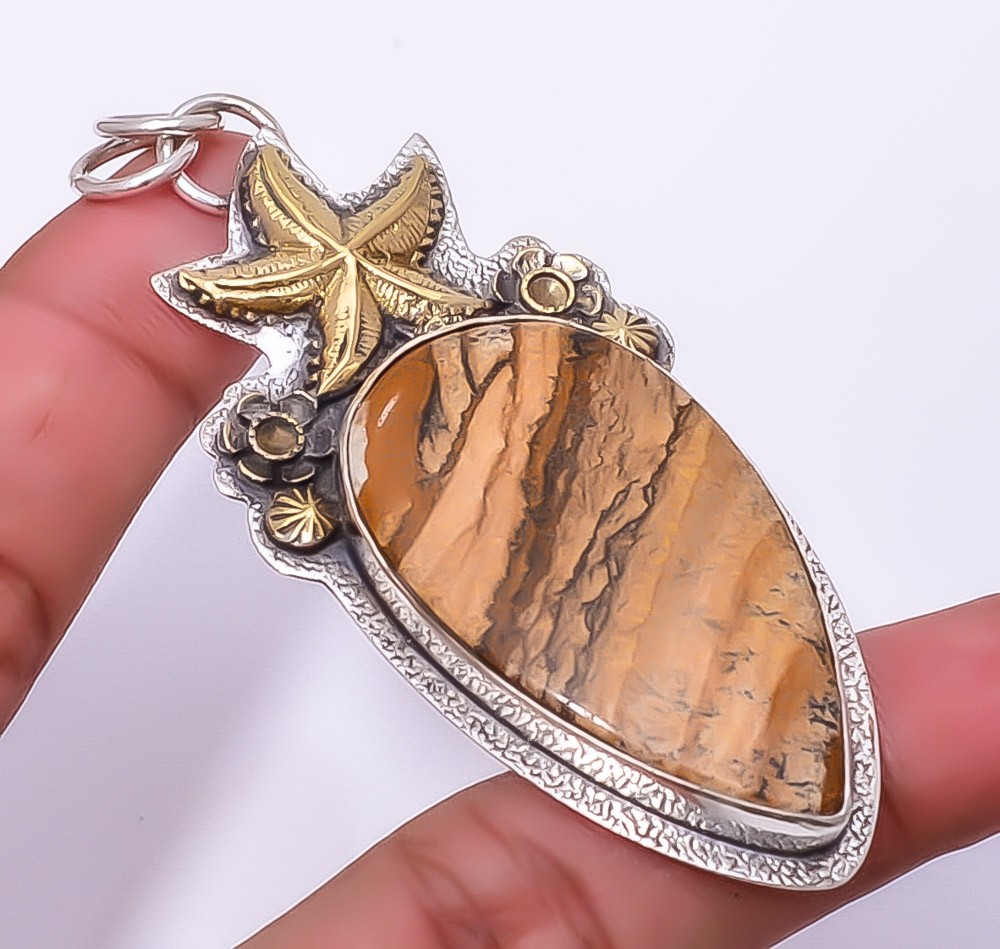 Picture Jasper 925 Sterling Silver Star Fish Pendant 2.93″ P861831, Christmas
