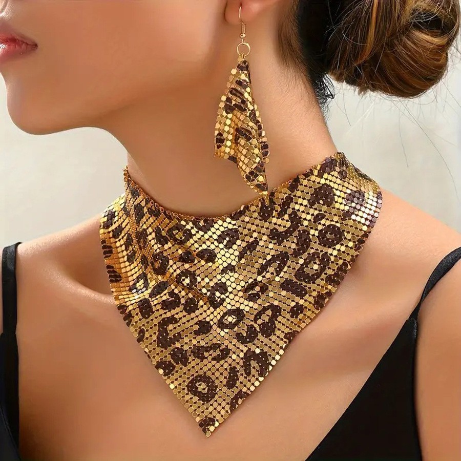 Punk Leopard Metal Mesh Choker Necklace Earrings Set Chunky Statement Jewelry