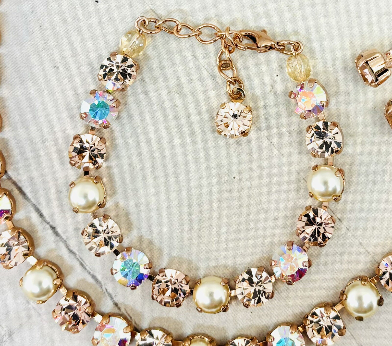 Pink Rose Gold Plated Creamy Pearl and Crystal AB Cup Chain Bracelet