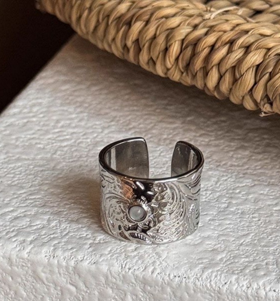 Silver Tone Embossed Moonstone Inlay Vintage Boho Wide Cuff Open Band Ring