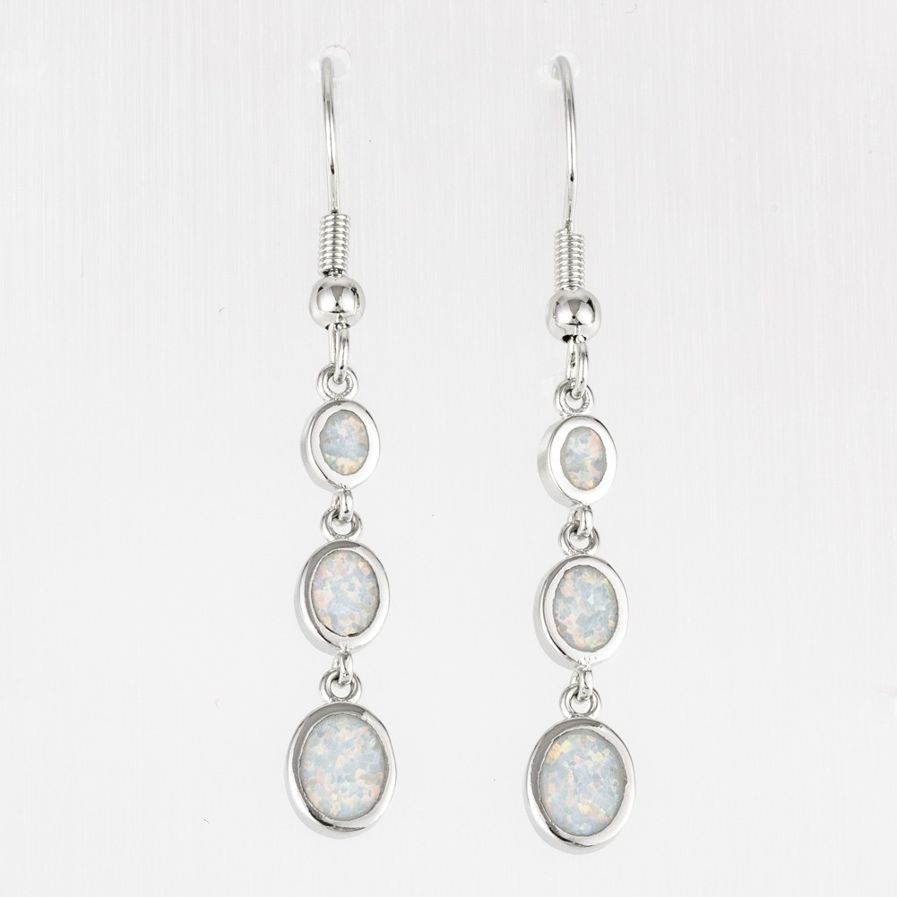 3 Oval Shape White Fire Opal Silver Jewelry Dangle Drop Earrings