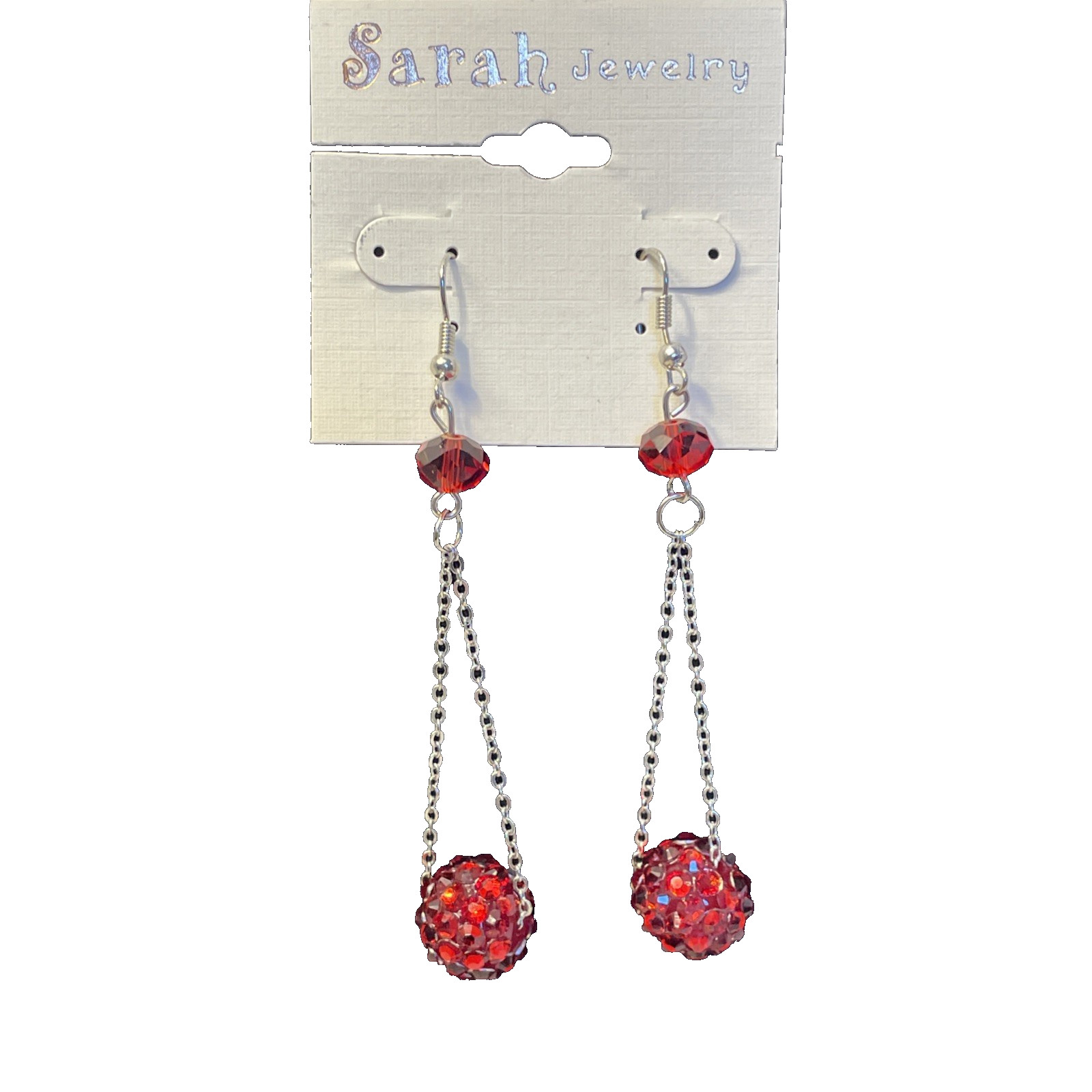 Ruby Red Disco Ball Shamballa Dangle Earrings Silver Tone 3.5 in Chain Drop
