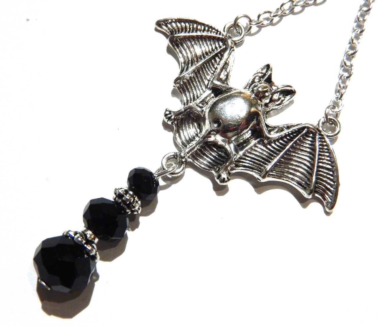 SILVERTONE & BLACK BEADED VAMPIRE BAT EARRINGS pendant halloween gothic R2