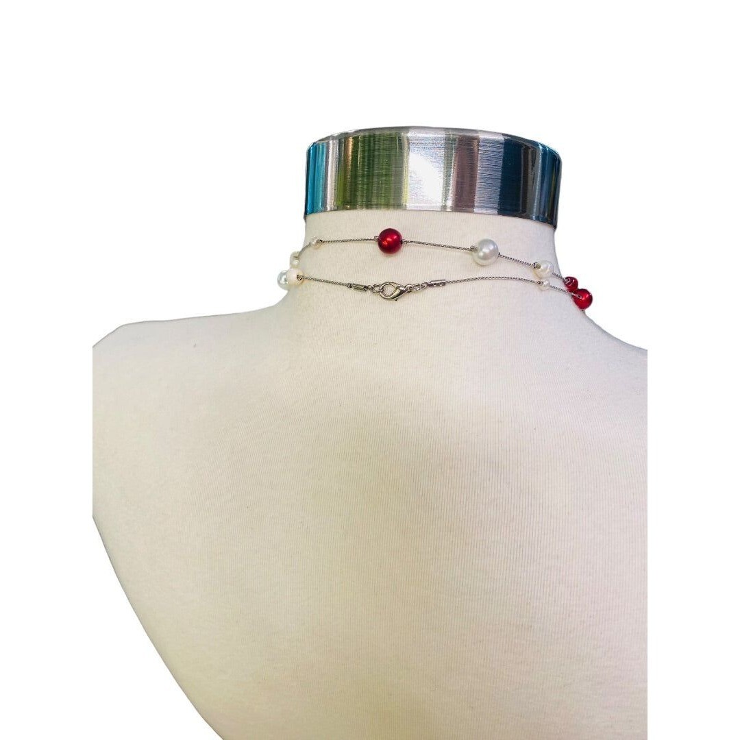 Silvertone Red Chain Necklace Strand String 67″ Lobster Clasp Faux Assorted Pear