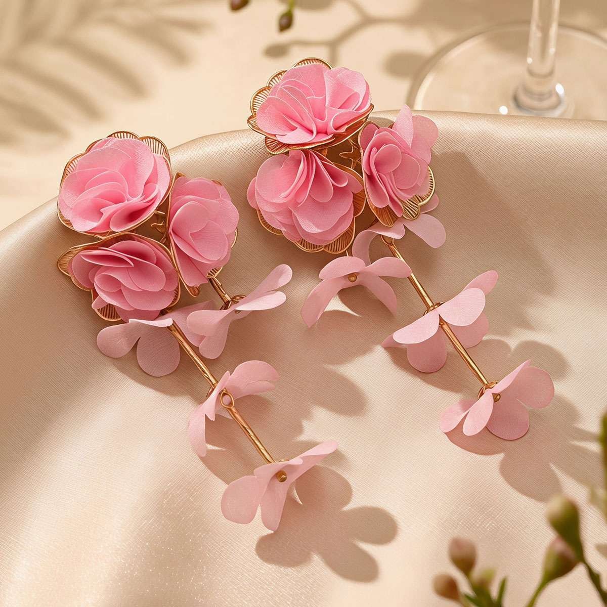 Big Flower Drop Earrings for Women Long Fabric Floral Dangle Earrings Bohem