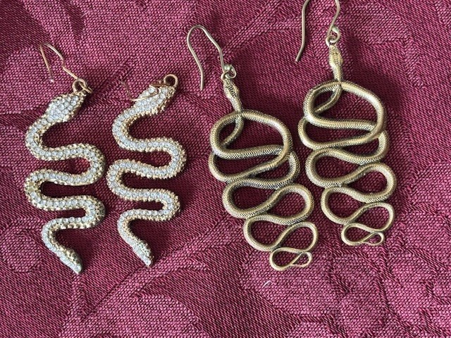 2 Pair Dangling Snake Earrings: Gold Color Metal Rhinestone & Mythology Tribal