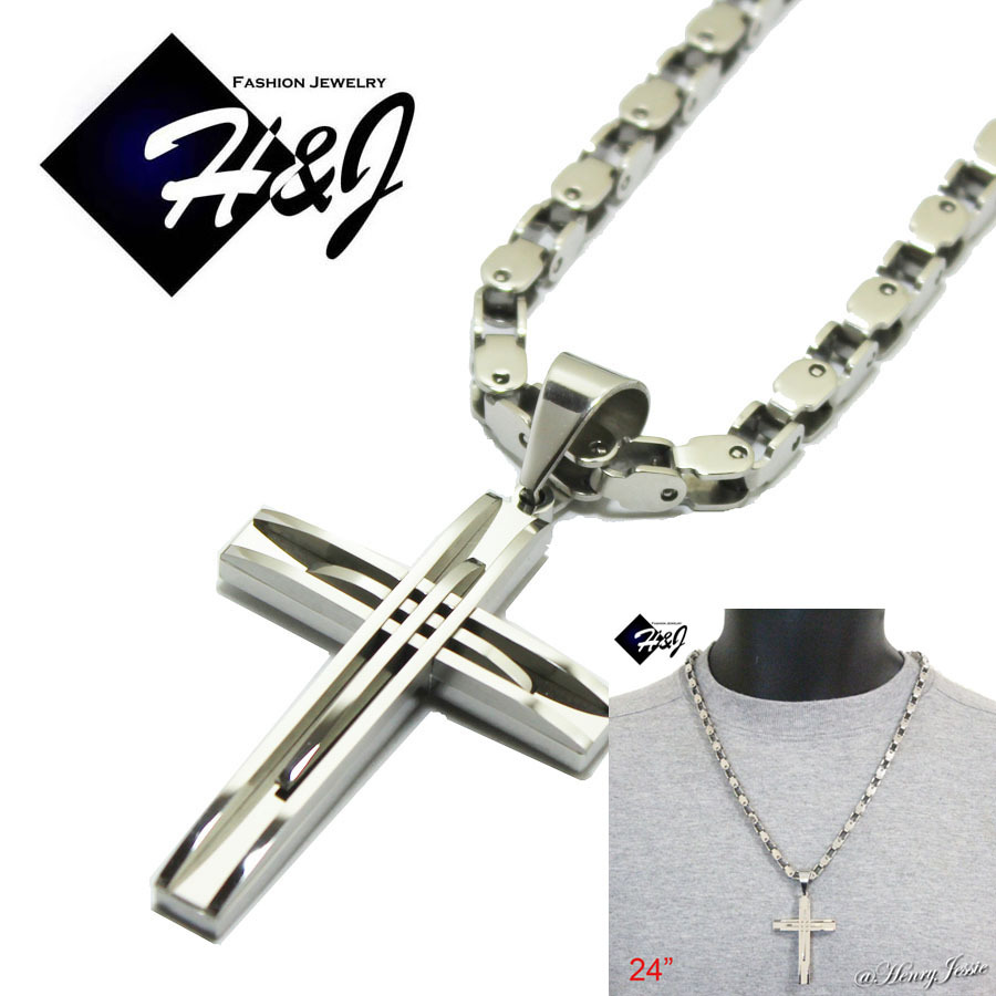 24″MEN’s Stainless Steel 5mm Silver Box Bike Link Chain Necklace Cross Pendant*A