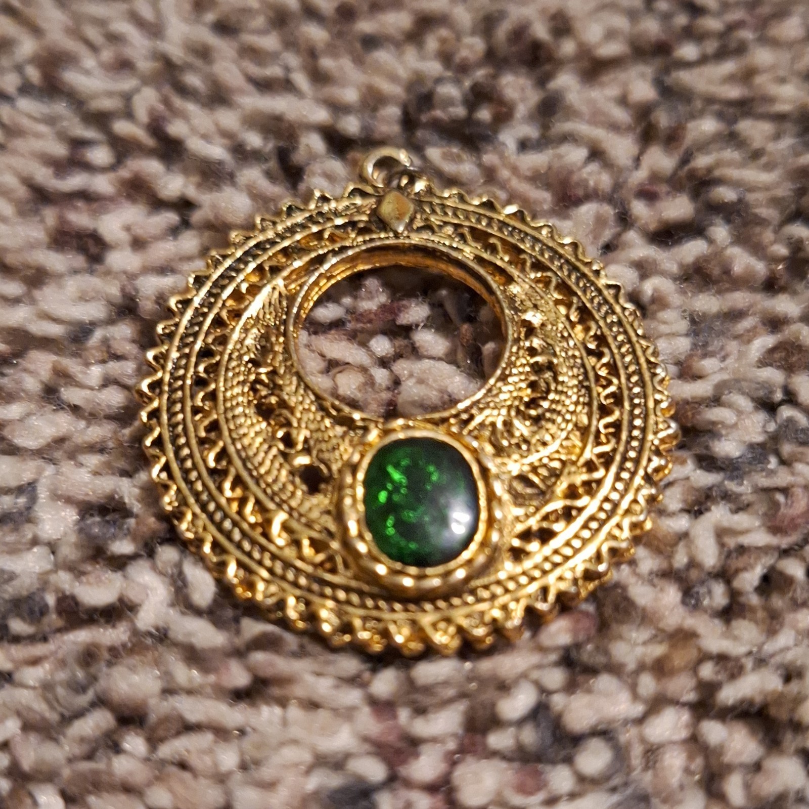 Gold Tone Metal Round Filigree Charm Pendant, Green Oval Cabochon Bezel