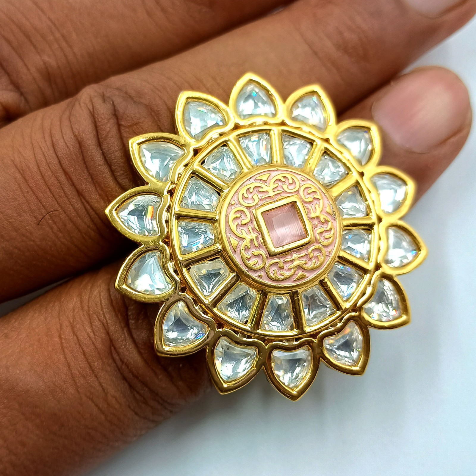 Kundan Polki CZ Ring 22k Gold Plated Adjustable Band Traditional Indian Jewelry