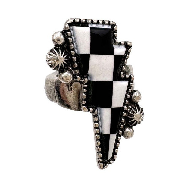 Statement Adjustable Ring Silver Tone Black White Checkerboard Lightning Bolt