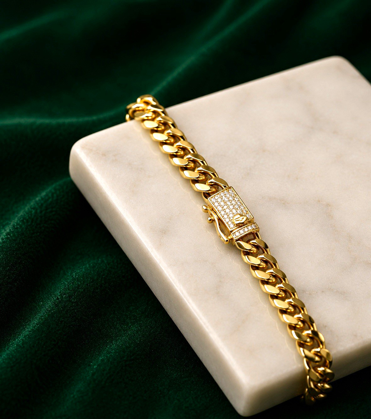 14k Gold Plated Cuban Link Chain Anklet w/ Pavé Round White Crystal Box Clasp