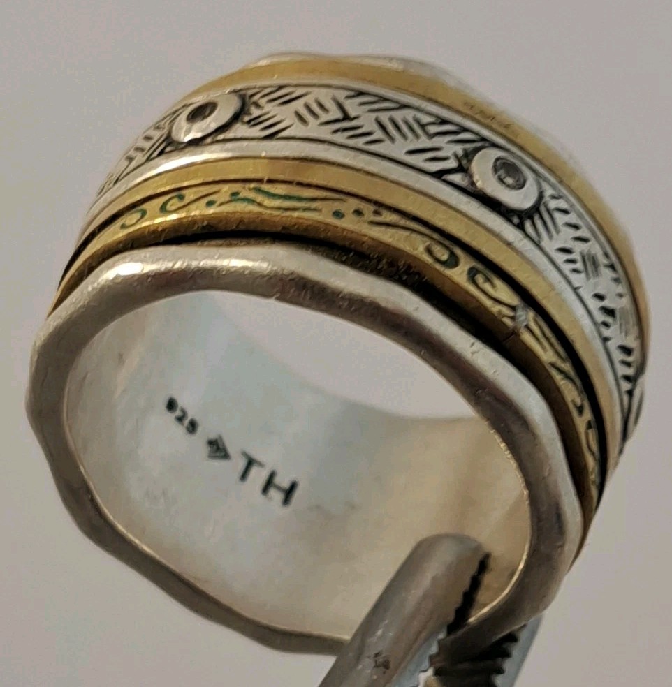 Silpada Isabella Spinner Ring Sterling & Brass Etched Bands Cz Size 8.5 17 grams
