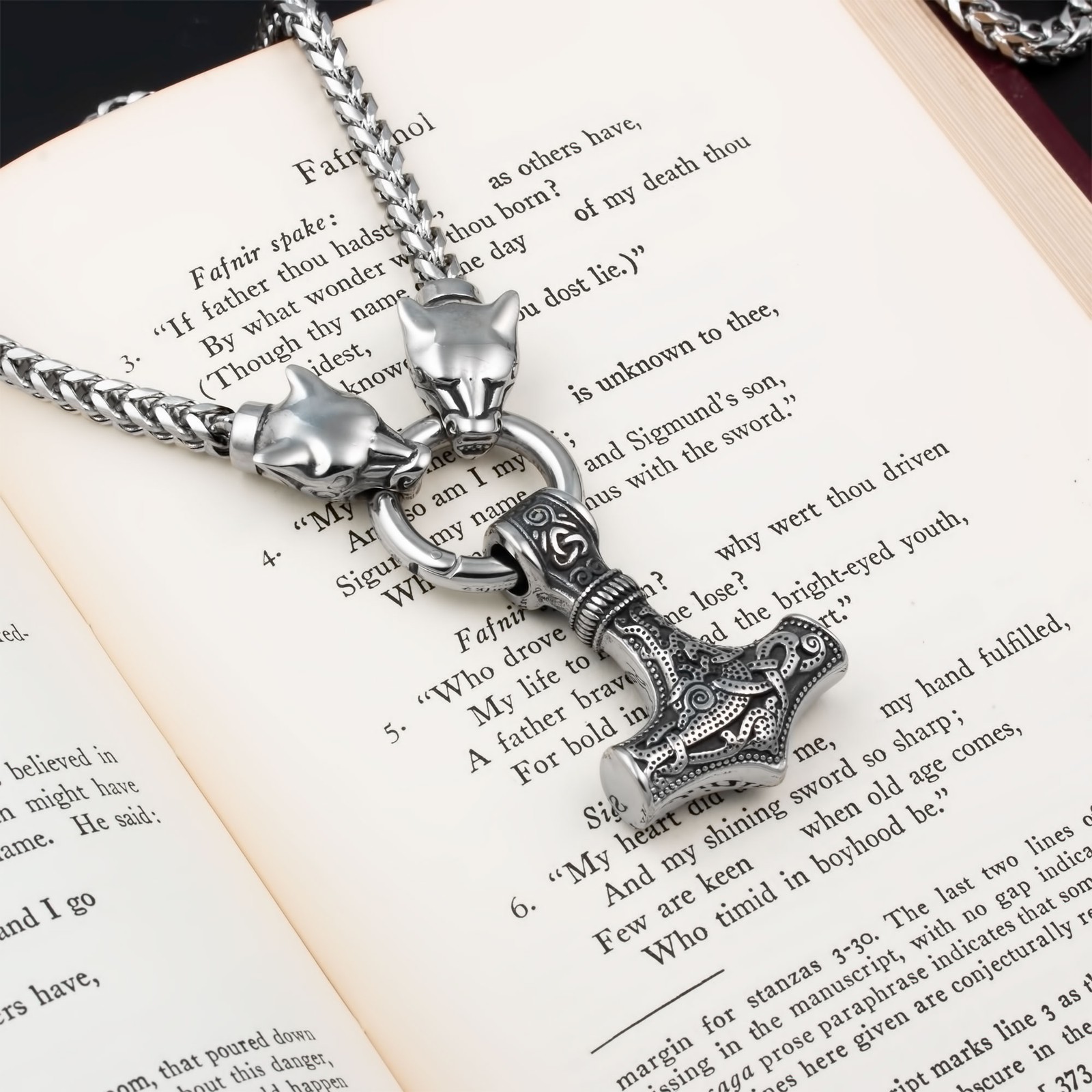Viking Mjolnir Thor’s Hammer King Wolf Foxtail Necklace 316L Stainless Steel