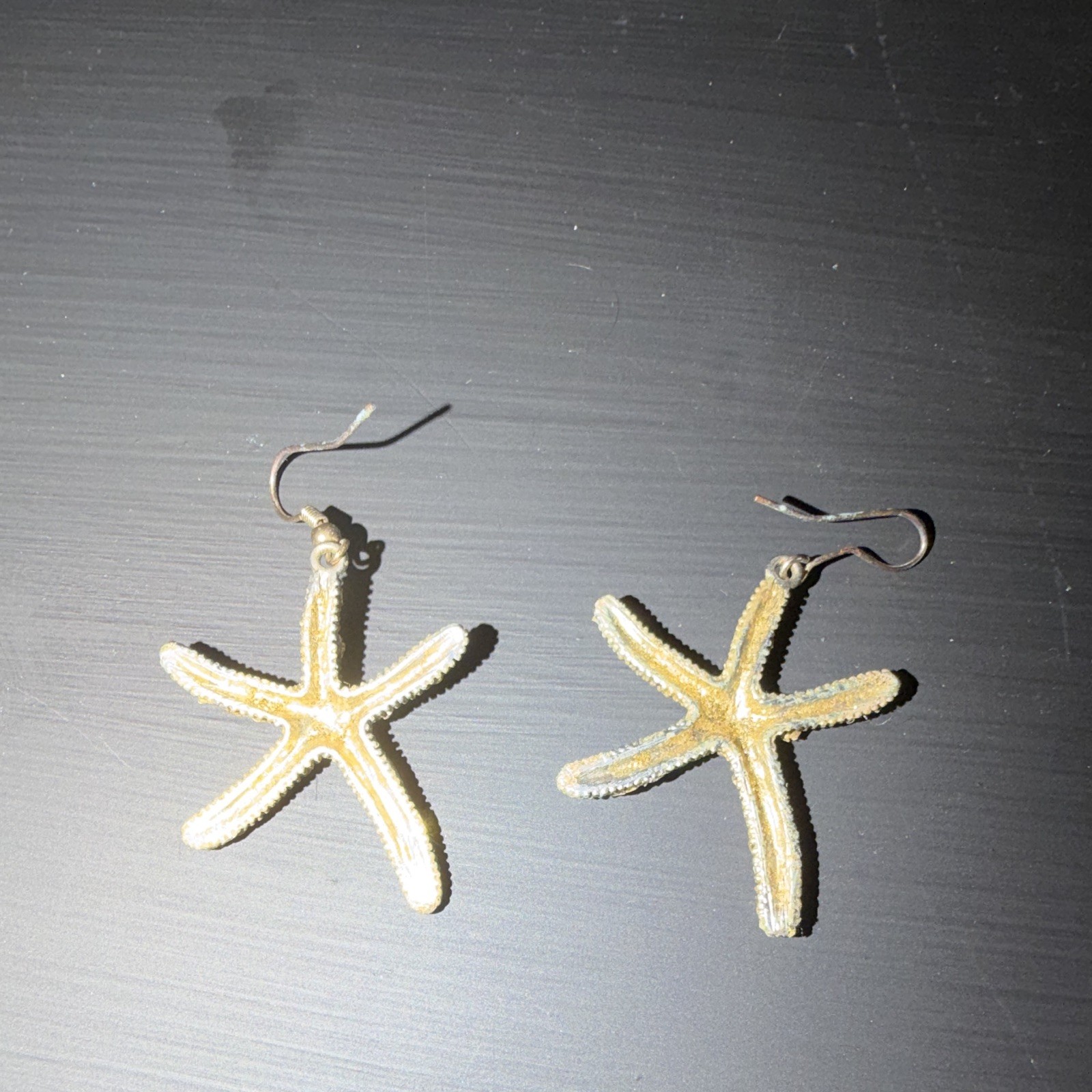Gold Starfish Dangle Drop Hook Earrings Metal Beach Sea Life Theme