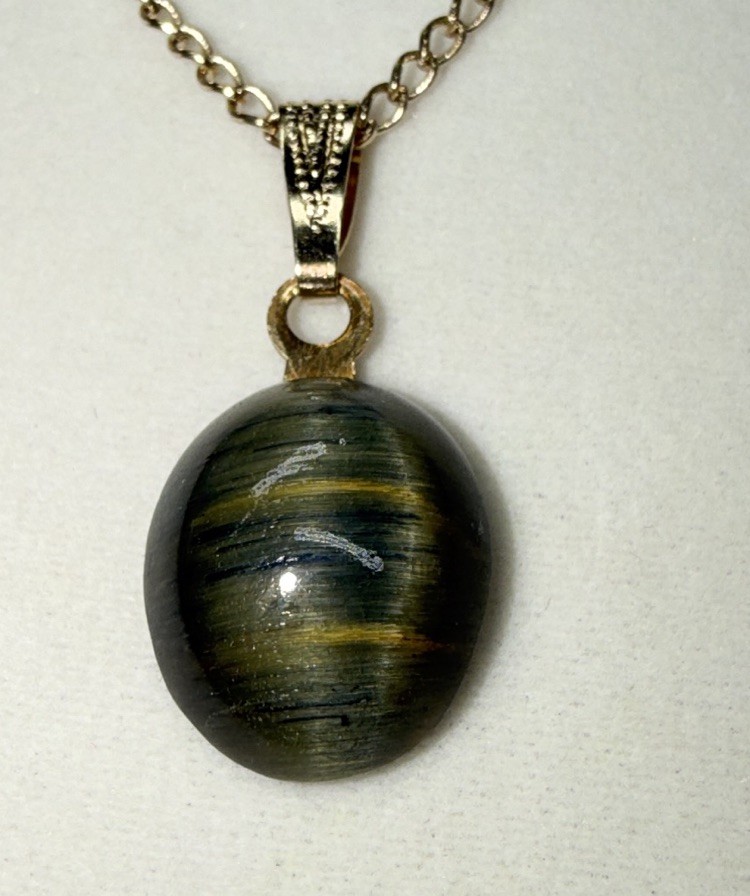 Gold Tone Oval Link Chain Necklace w/ Tiger’s Eye Oval Bezel-Set Pendant Charm