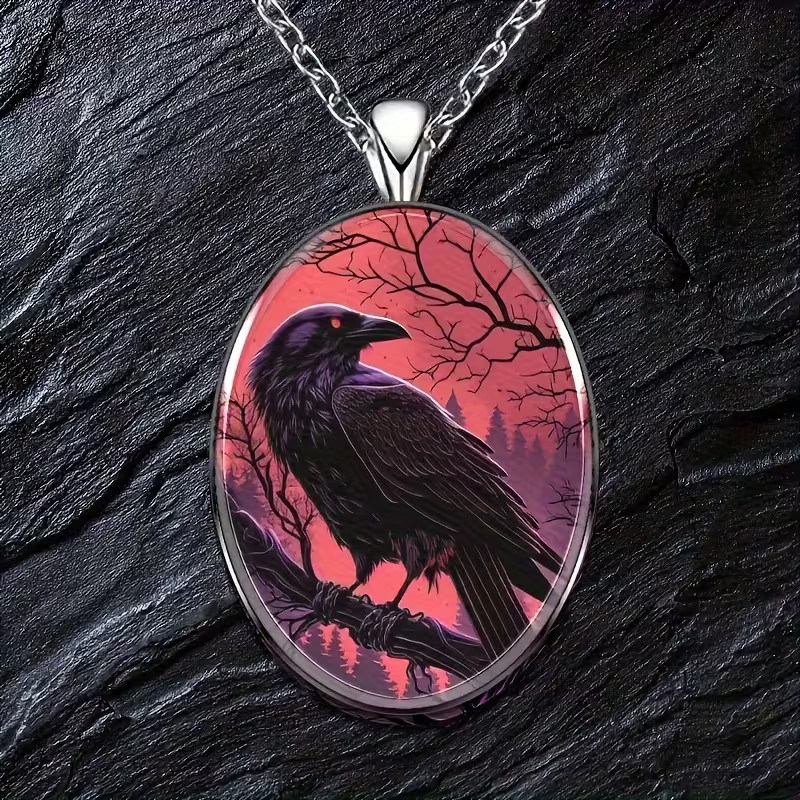 Raven Crow Oval Jewelry Vintage Silvery Bird Movie Gothic Pendant Necklace N