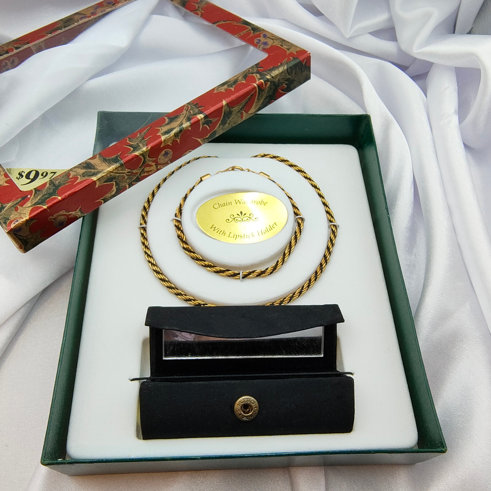 Vintage Chain Wardrobe Gift Set Gold Tone Necklace Bracelet Lipstick Holder