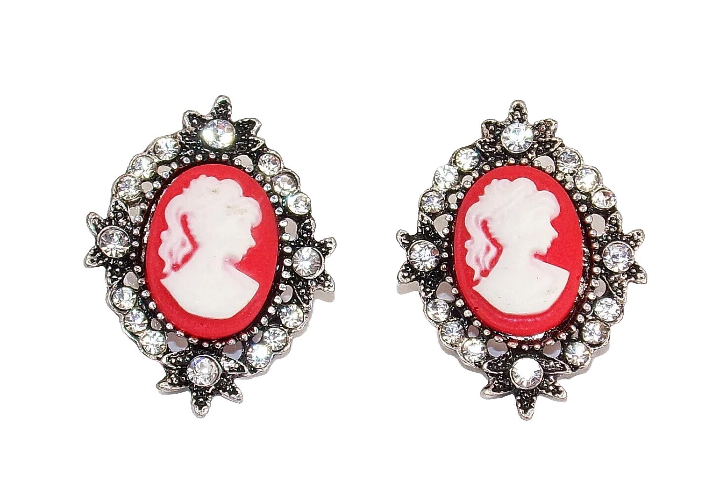 Oval cameo earrings in red and white and in a crystal antique finish setting New