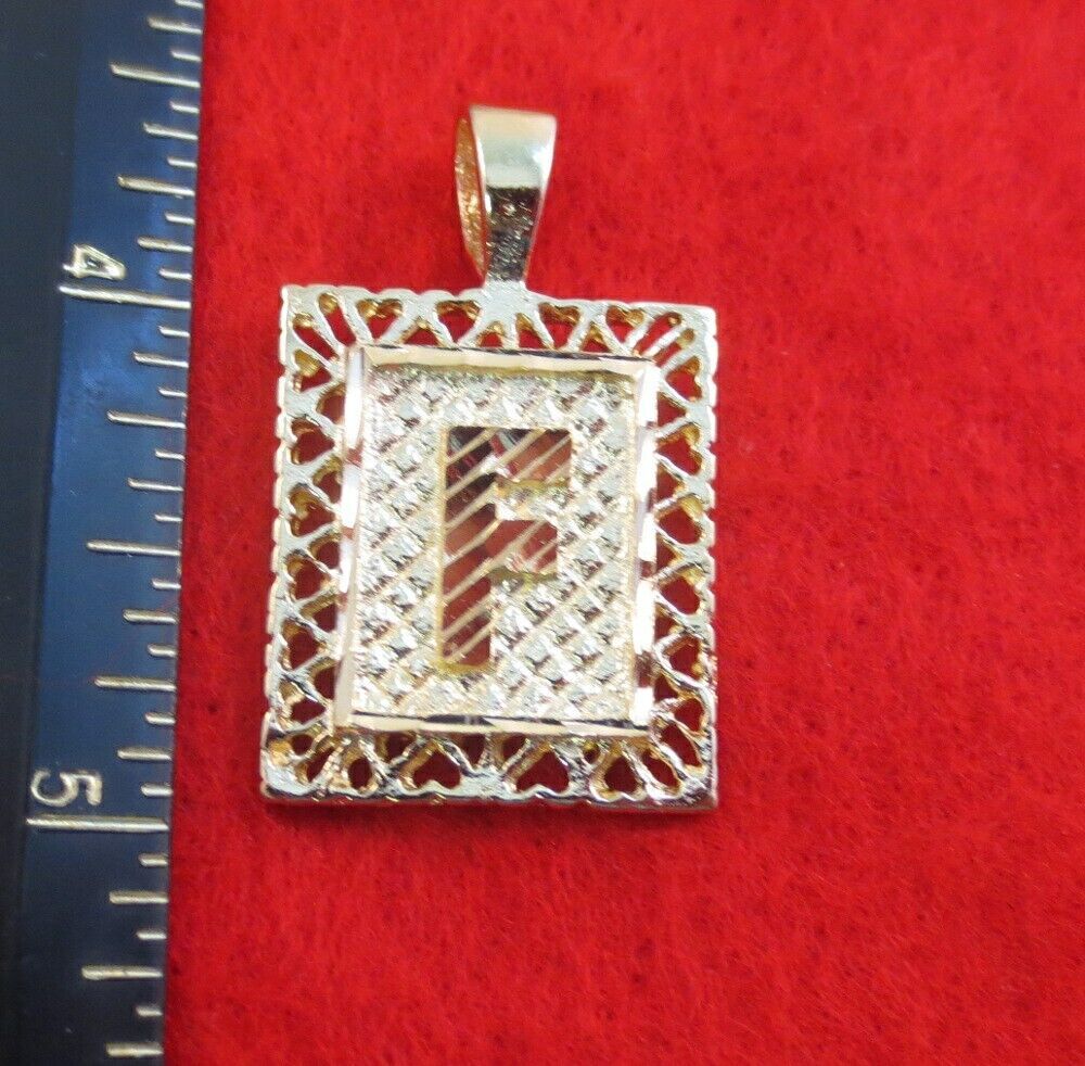 14KT GOLD EP 1 3/8 INCH FRAMED LETTER F LARGE SQUARE DIAMOND CUT INITIAL CHARM