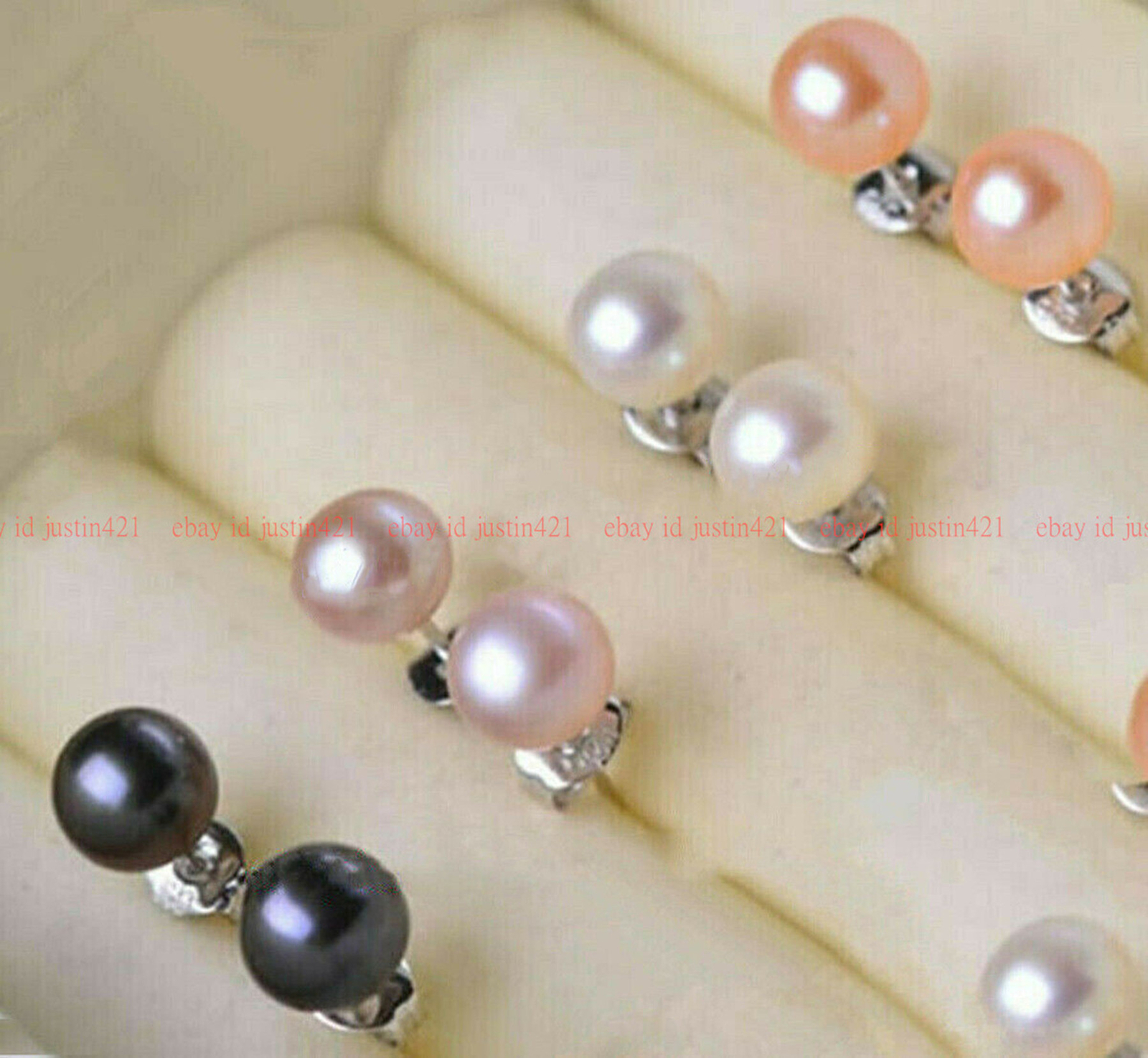 Wholesale 4 Pairs White Pink Purple Black Freshwater Pearl Silver Stud Earrings