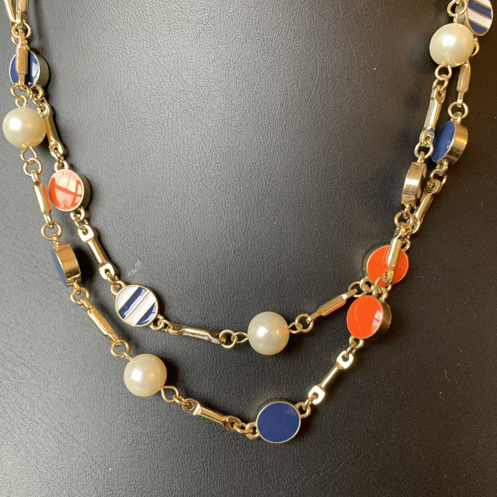 New Designer Necklace-Gold Tone W/Blue White & Orange Enamel Beads & Faux Pearls