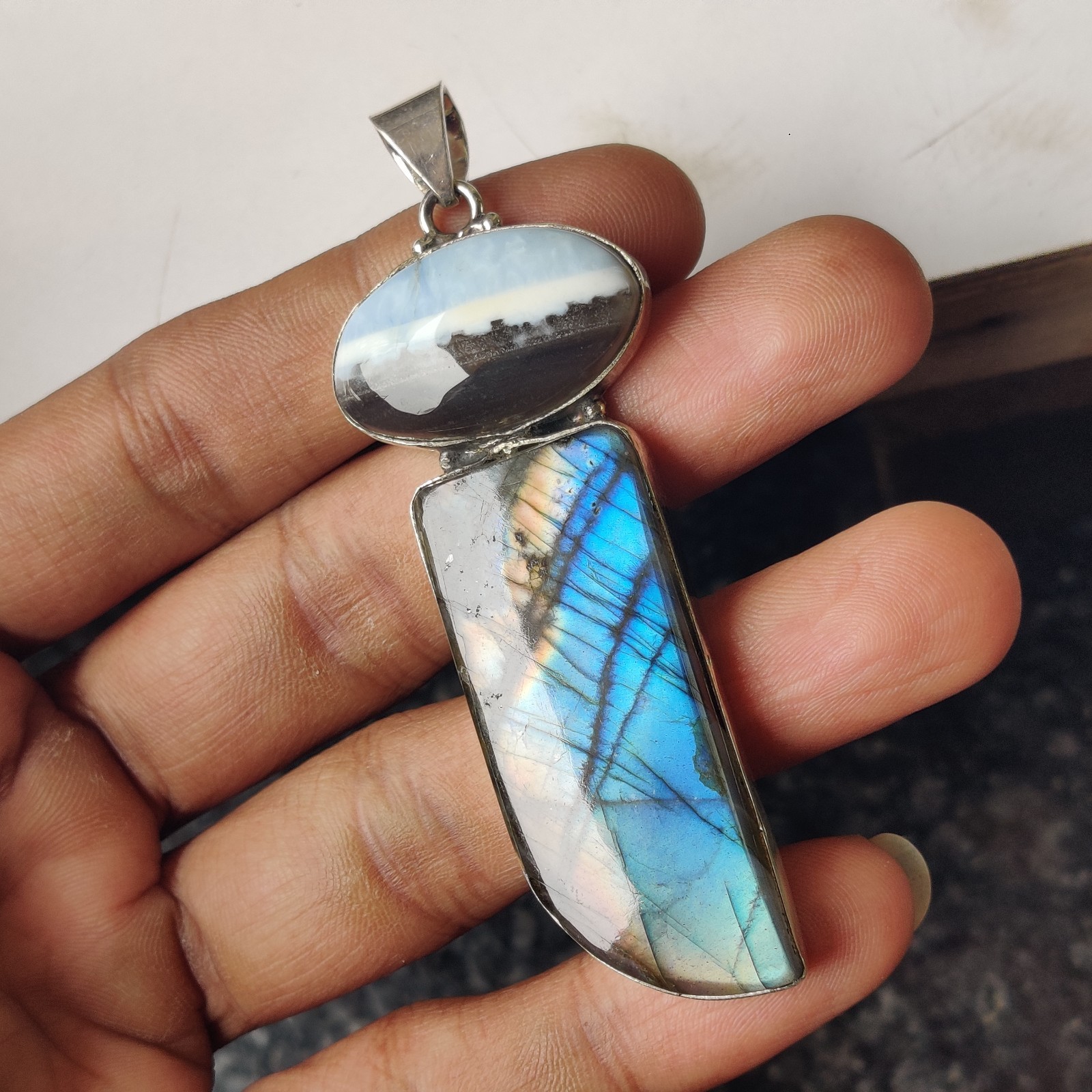 Labradorite & Owyhee Opal Pendant 925 Sterling Silver Boho Gift Pendant PG8372