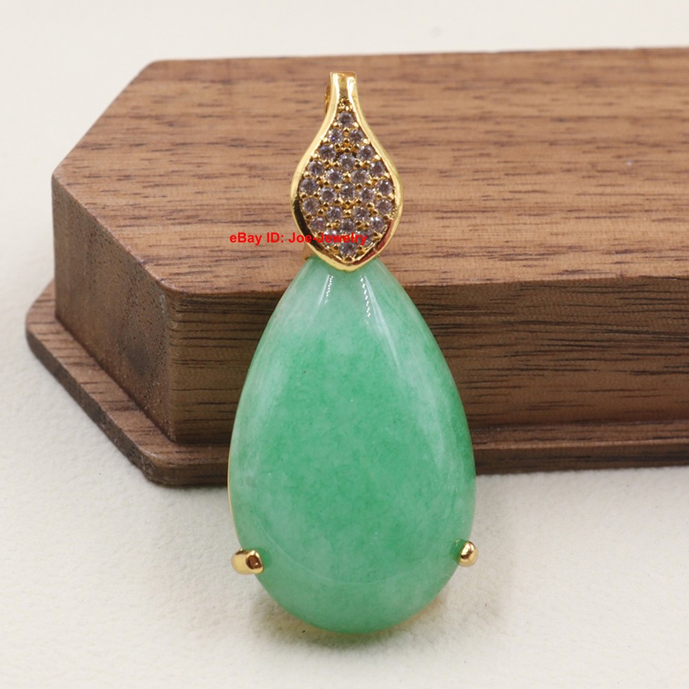 Gold Plated Alloy Heated Green Jade Pear Pendant Best Gift 36mm H
