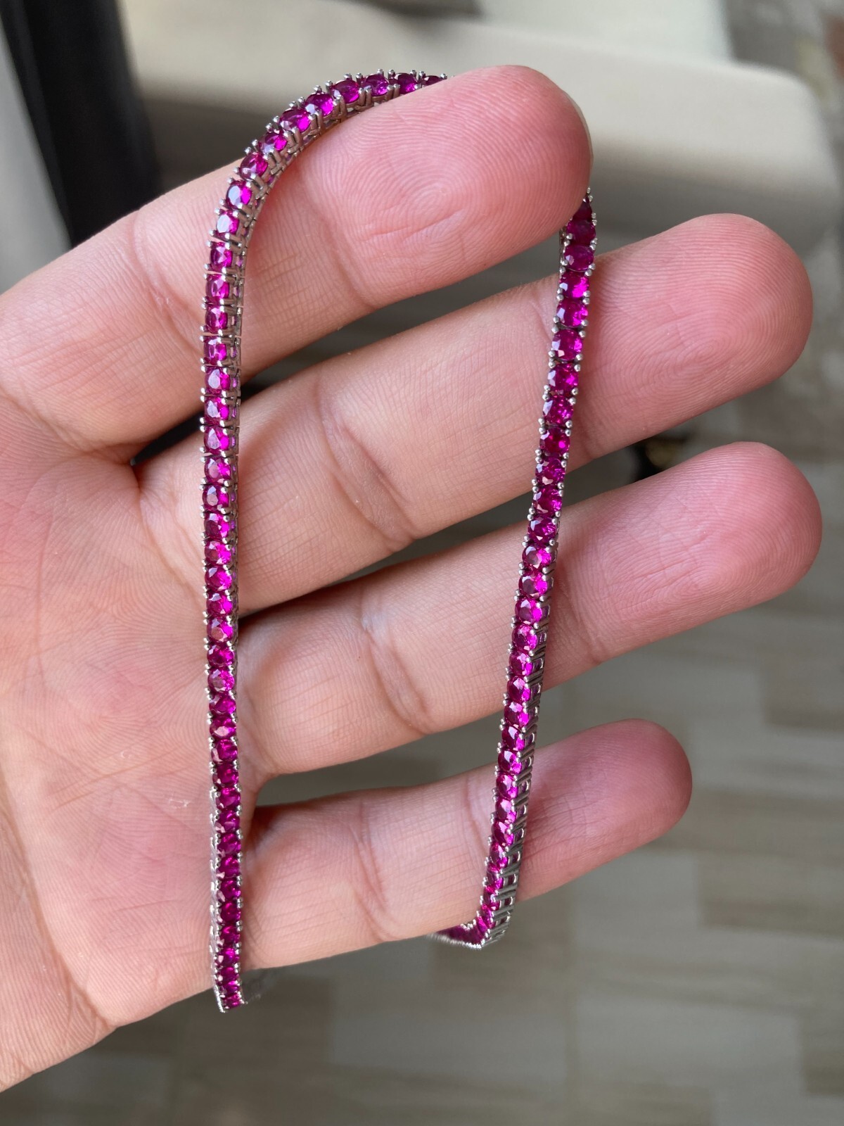 Ruby Tennis Necklace Round Stone Lab Created, 925 Sterling Silver 3,5mm 17.5