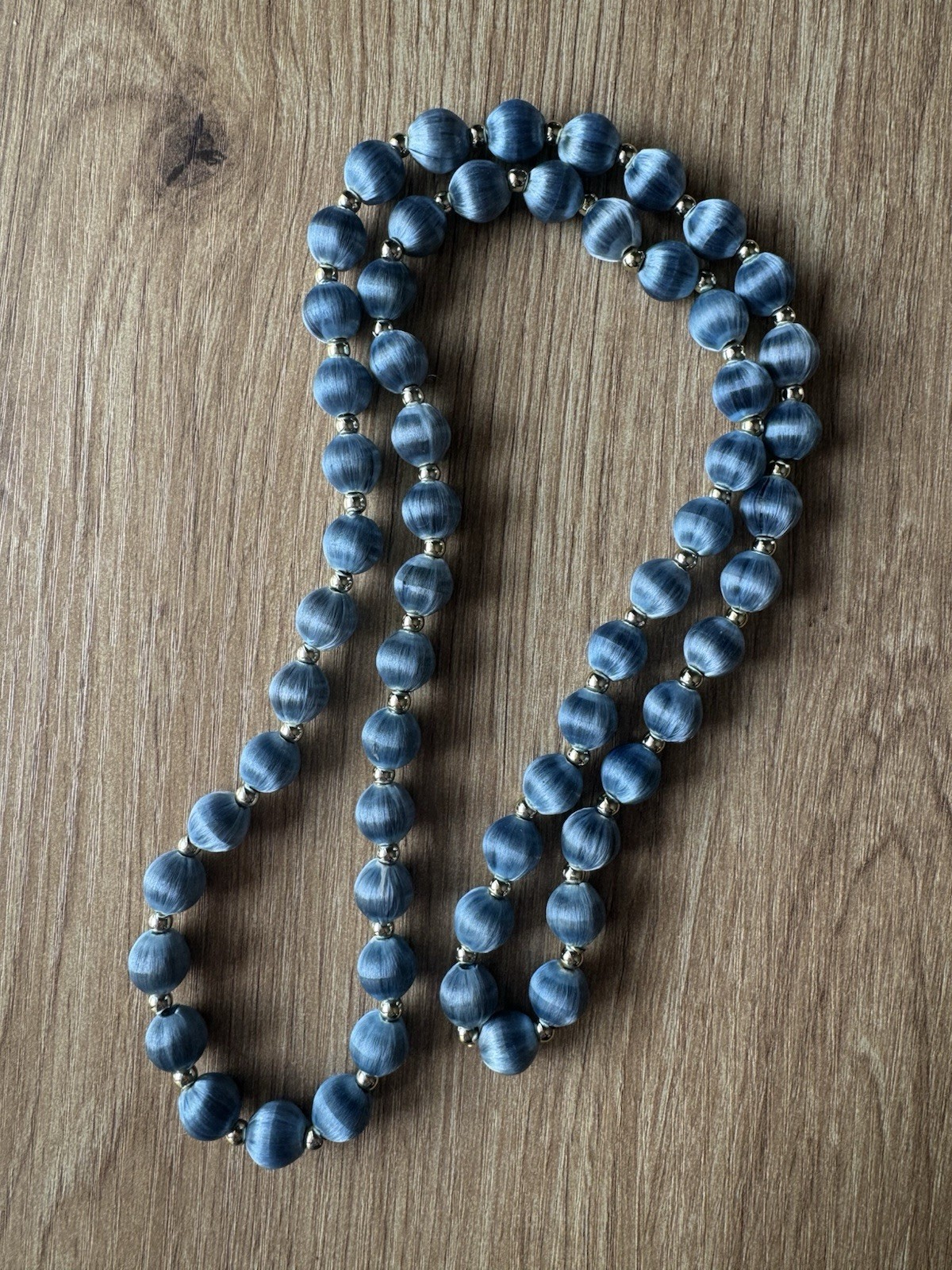 Vintage Blue Round Thread Wrapped Beaded Strand Necklace Ball/Bead Chain 25 in