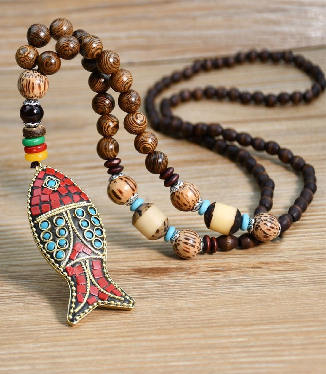 Collar largo vintage hecho a mano con cuentas de madera turquesa para mujer