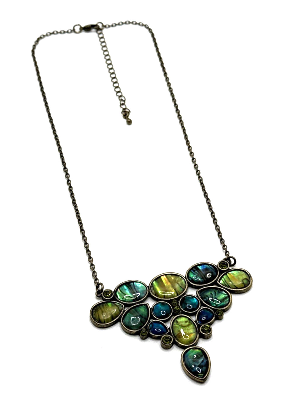 Abalone Pendant Necklace Bronze Tone Oval Cabs Green Rhinestone Accent 19″ – 22″