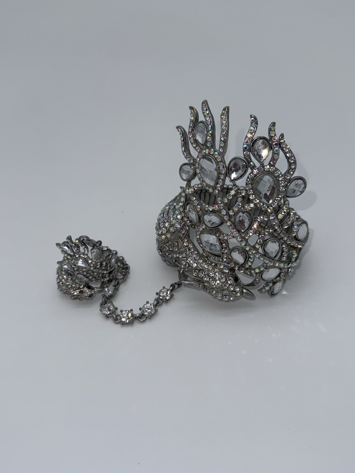 Peacock Rhinestone Hand Chain Bracelet Ring Silver Tone Statement Costume Jewerl
