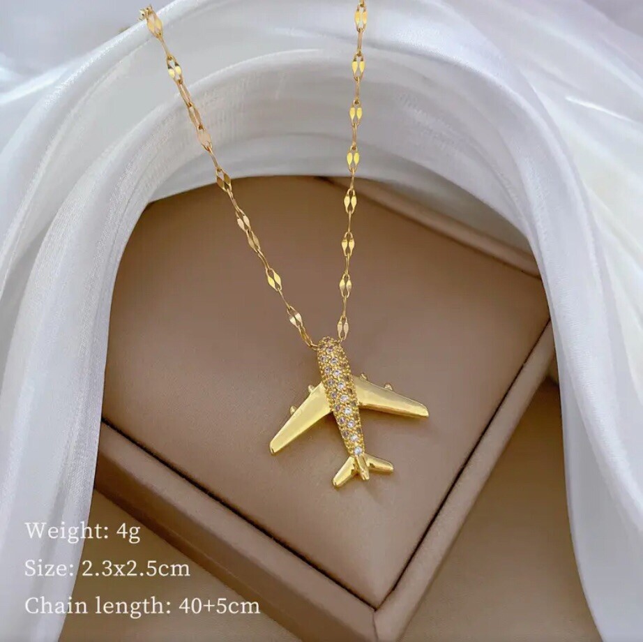 Aircraft Airplane Jet Aviation Pilot Travel Gold Diamond Pendant Necklace