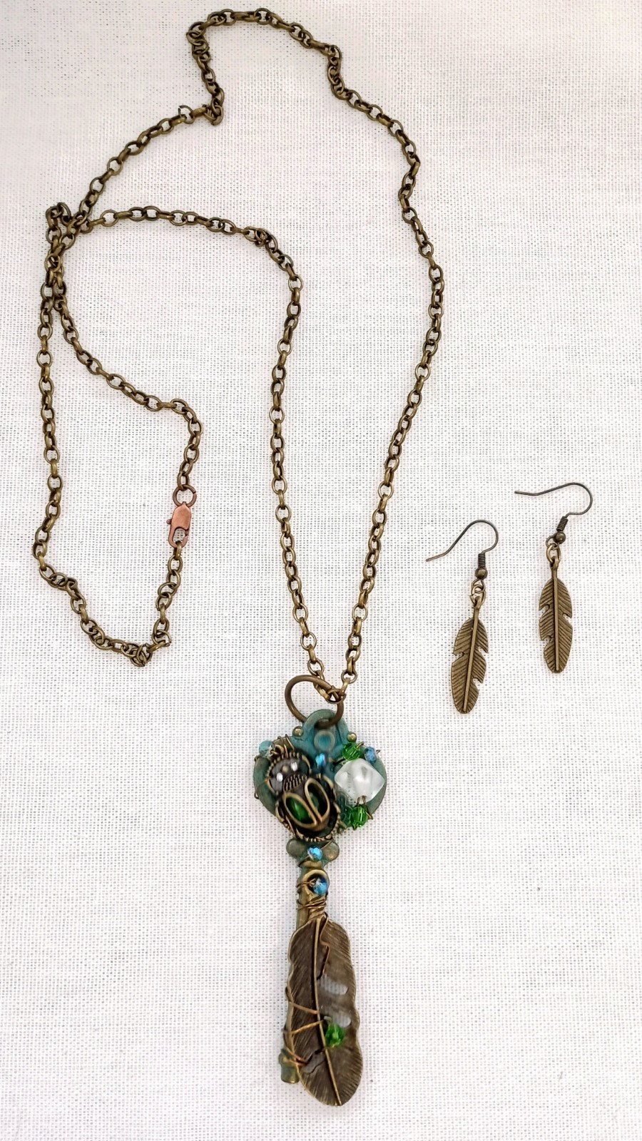 Key Wire Wrapped Pendant Handmade Long Chain Necklace Glass Beaded & Earrings
