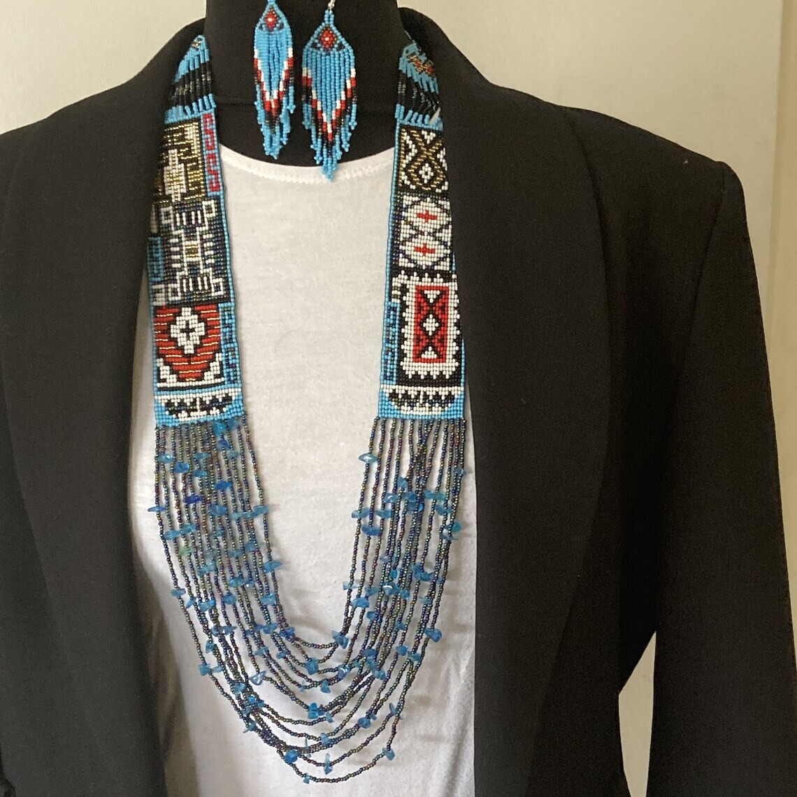 Native Seed Bead Beaded Turquoise Handcrafted Choker Necklace Earrings Set Gift