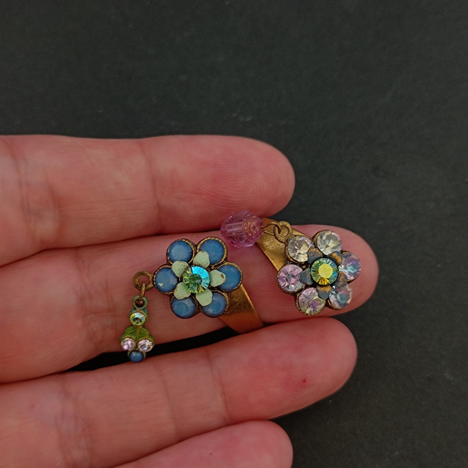 Michal Negrin Split Shank Floral Ring Romantic Boho Crystal Charm Statement VTG