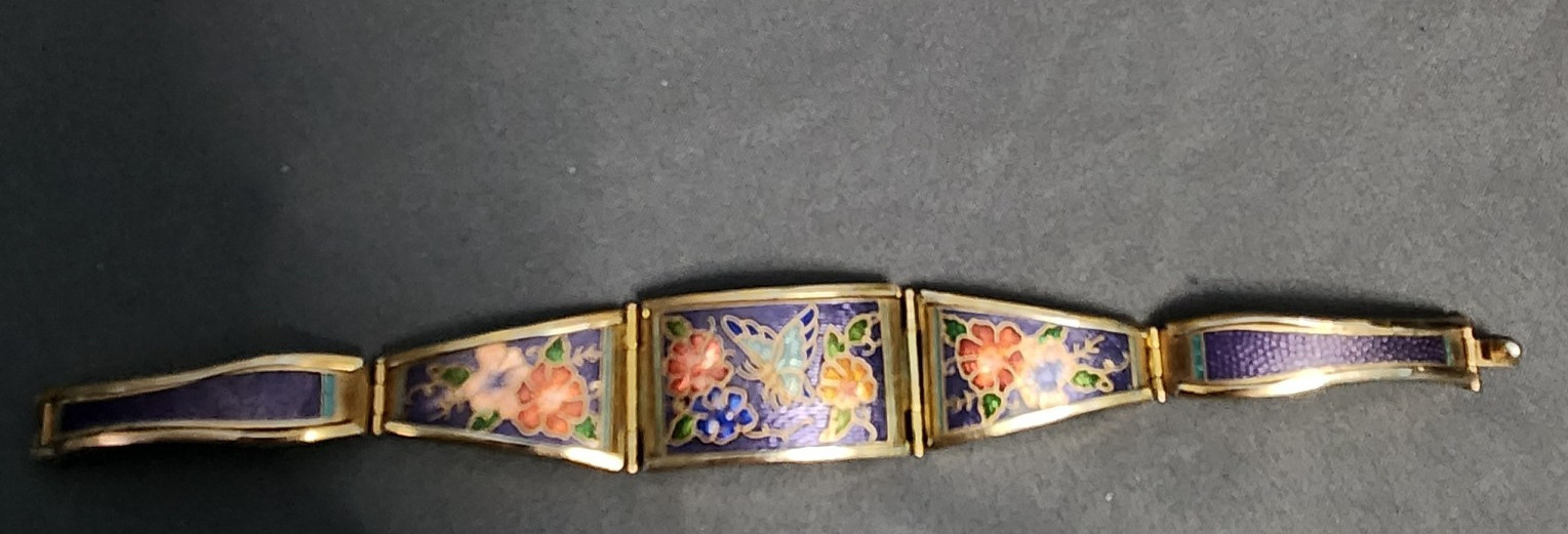 Vintage Chinese Cloisonne Enamel Panel Link Bracelet Butterfly Floral Purple