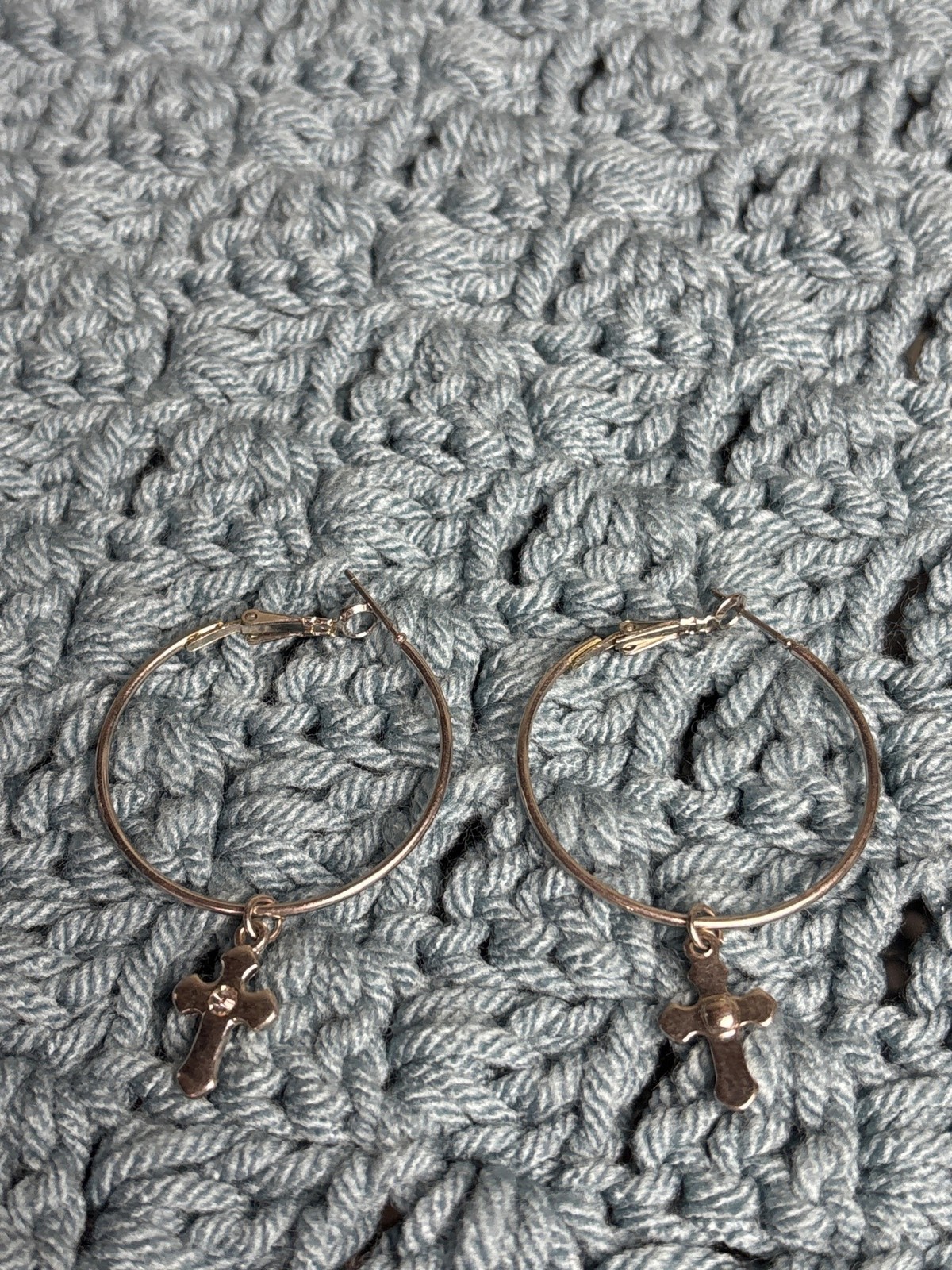 Silvertone Hoop Earrings Cross Dangle Clear Rhinestone 2.25 inches
