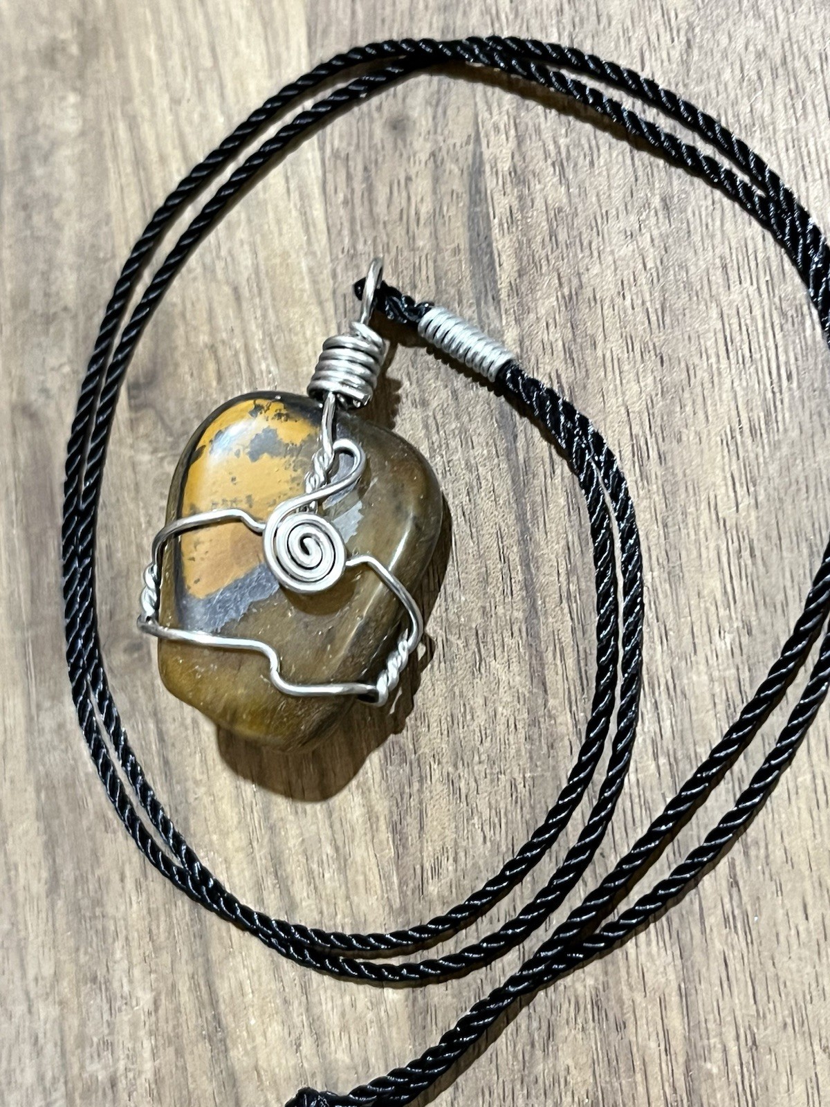 Tiger Iron Wire Wrapped Necklace, Tigereye with Hematite Gemstone Pendant